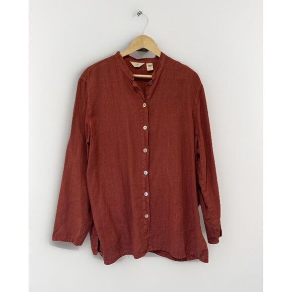 Vtg J Jill Womens Button Up Linen Blend Tunic Top Pleats Rust L Coastal Bohemian - Picture 2 of 10